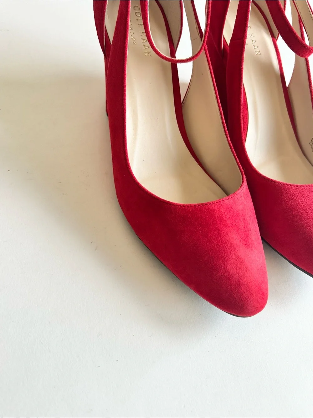 New Cole Haan Red Suede Leather Almond Toe Ankle Strap Wedge Heels size 7.5